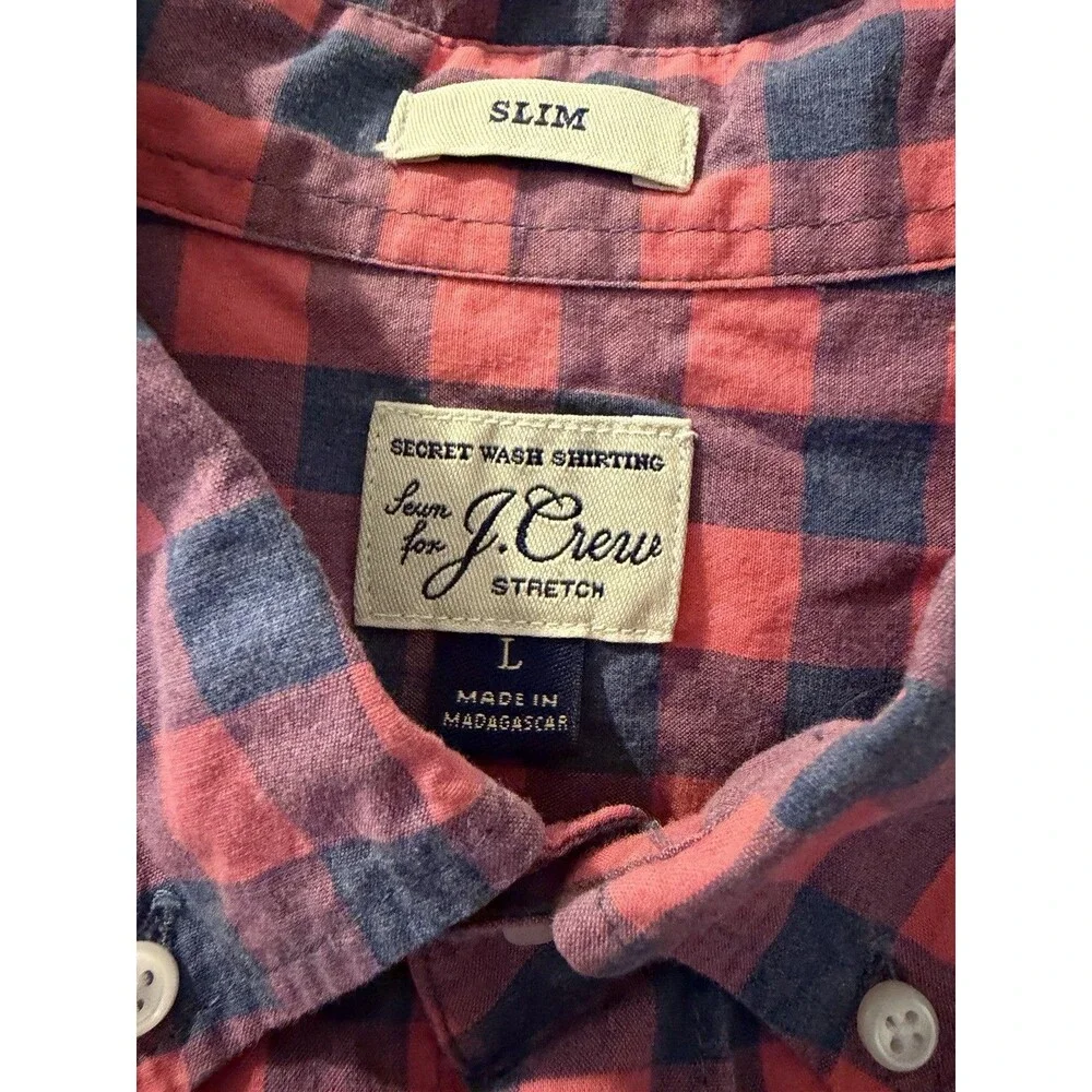J.Crew Mens Cotton Short Sleeve Buffalo Check Shirt Red Blue Large Slim Stretch